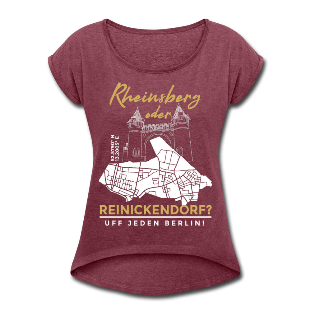 Rheinsberg oder Reinickendorf - Frauen T-Shirt mit gerollten Ärmeln - Bordeauxrot meliert