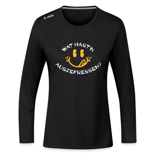 Wat Hast’n Ausjefressen - Frauen Sport Langarmshirt - Schwarz