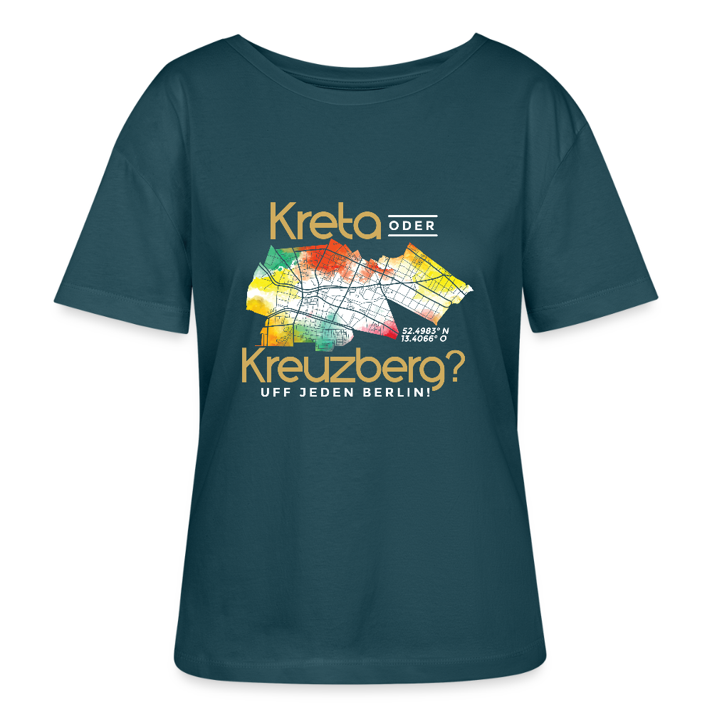 Kreta oder Kreuzberg - Relaxed Rundhals Frauen Bio-T-Shirt - Dunkles Petrol