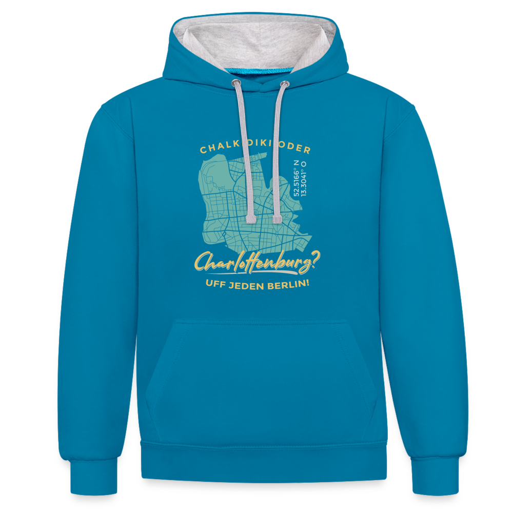 Chalkidiki oder Charlottenburg - Kontrast Hoodie - Pfauenblau/Grau meliert