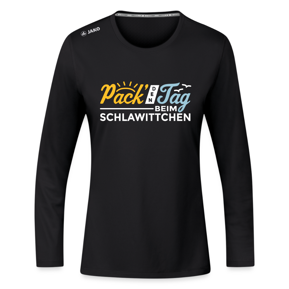 Pack' den Tag beim Schlawittchen - Frauen Sport Langarmshirt - Schwarz