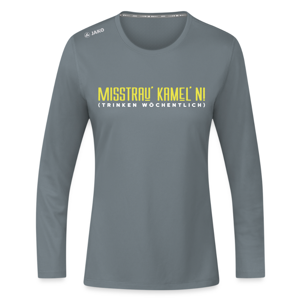 Misstrau' Kamel'n! (trinken wöchentlich) - Frauen Sport Langarmshirt - Grau