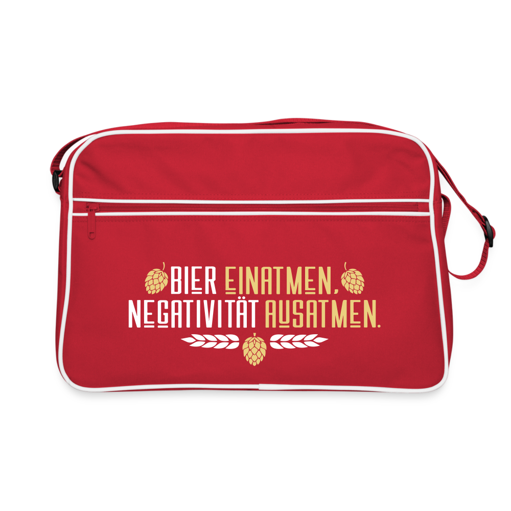 Bier einatmen, Negativität ausatmen. - Retro Tasche - Rot/Weiß