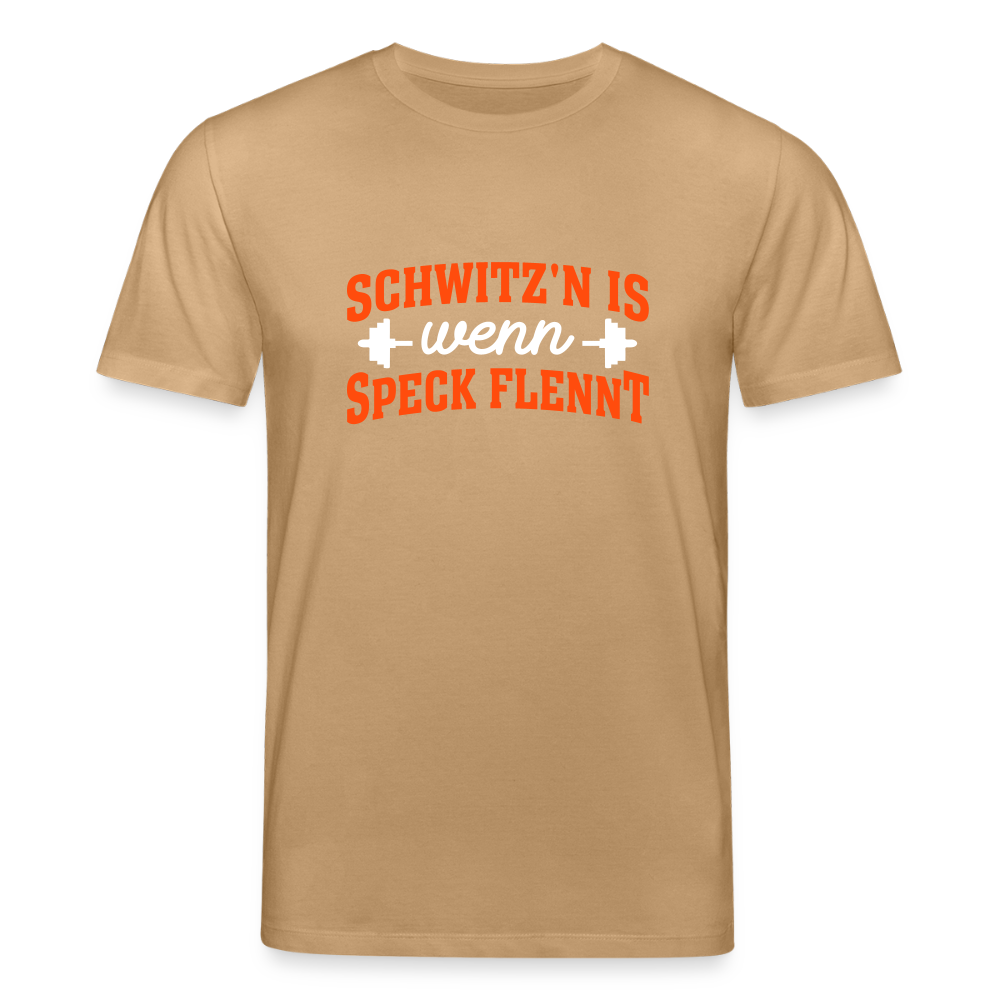 Schwitz'n is wenn Speck flennt - Unisex Bio T-Shirt - Karamell