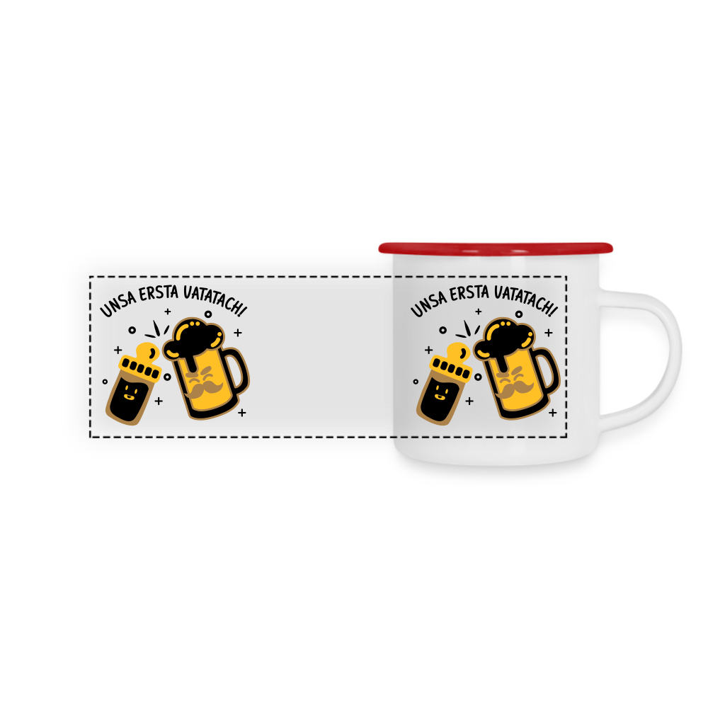 unsa ersta Vatatach! - Emaille Tasse - Weiß/Rot