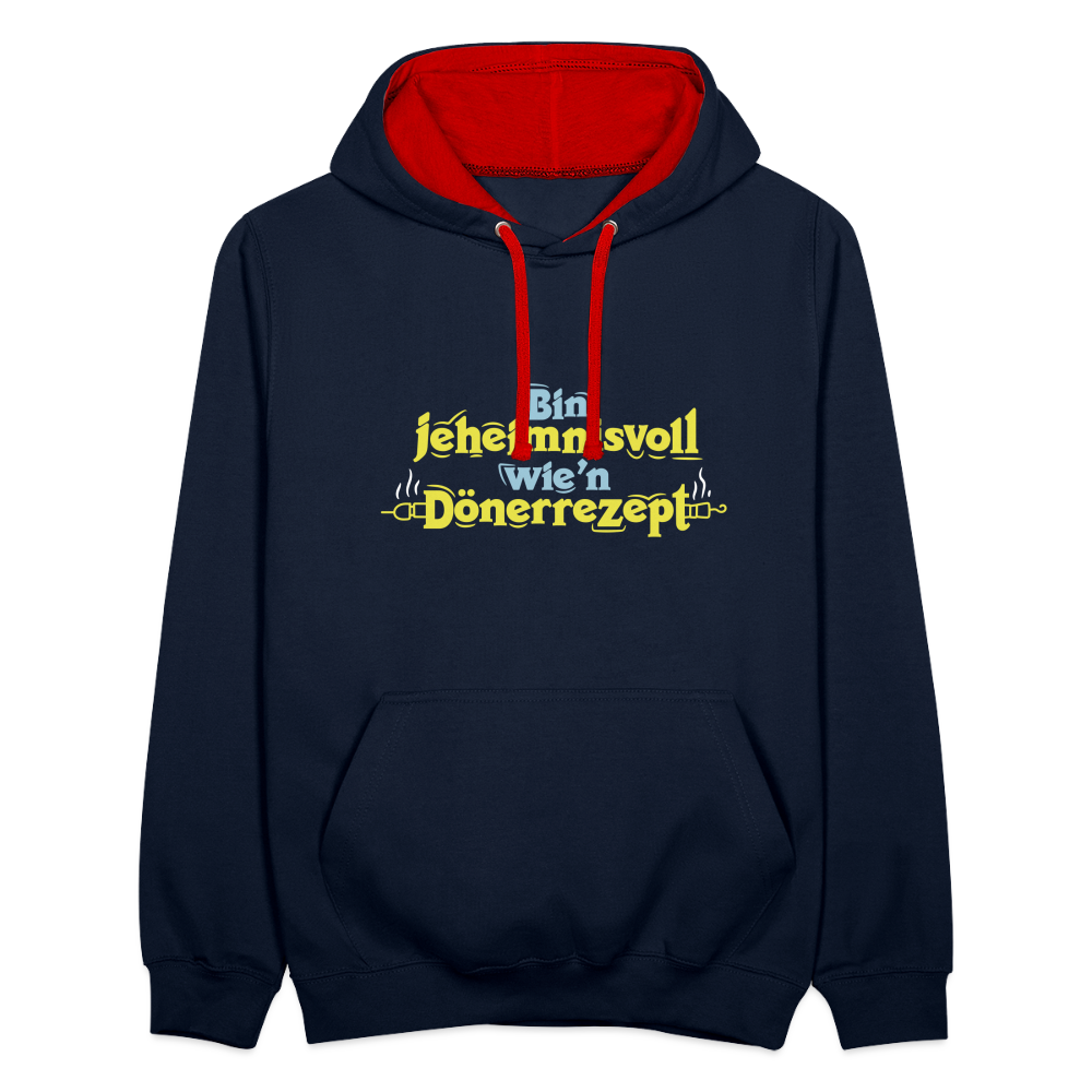Bin jeheimnisvoll wie'n Dönerrezept. - Kontrast Hoodie - Navy/Rot