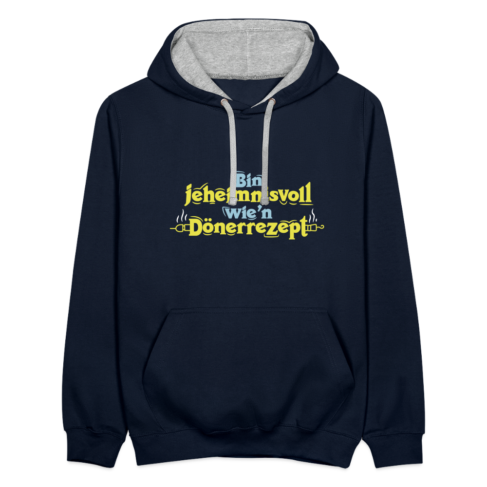 Bin jeheimnisvoll wie'n Dönerrezept. - Kontrast Hoodie - Navy/Grau meliert