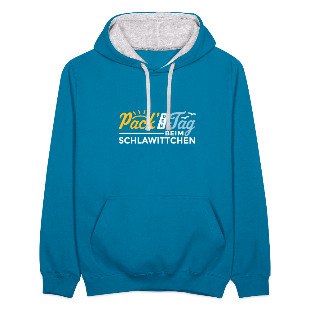 Pack' den Tag beim Schlawittchen - Kontrast Hoodie - Pfauenblau/Grau meliert