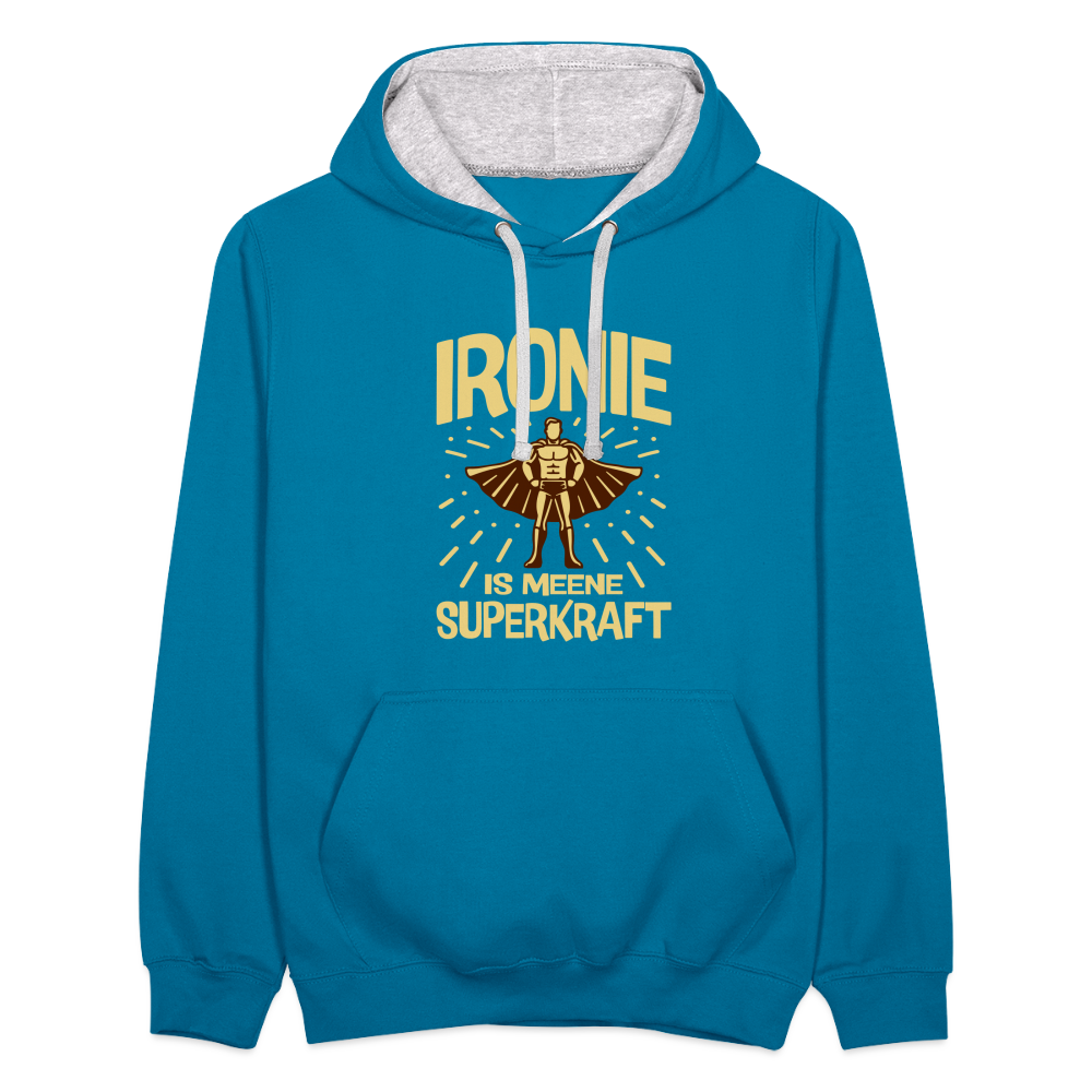 Ironie is meene Superkraft! - Kontrast Hoodie - Pfauenblau/Grau meliert