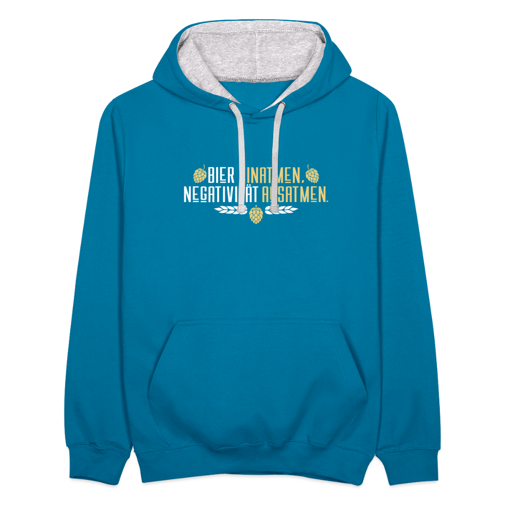 Bier einatmen, Negativität ausatmen. - Kontrast Hoodie - Pfauenblau/Grau meliert