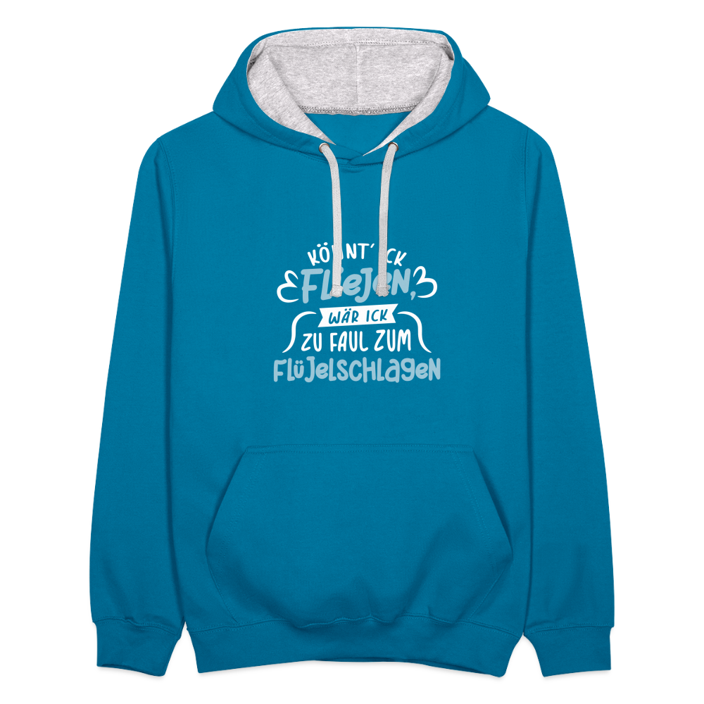 Könnt' ick fliejen, wär ick zu faul zum Flüjelschlagen - Kontrast Hoodie - Pfauenblau/Grau meliert