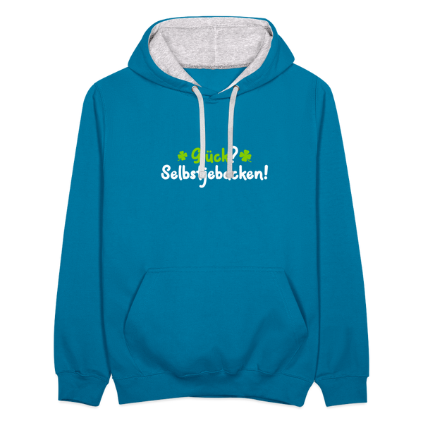 Glück? Selbstjebacken - Kontrast Hoodie - Pfauenblau/Grau meliert