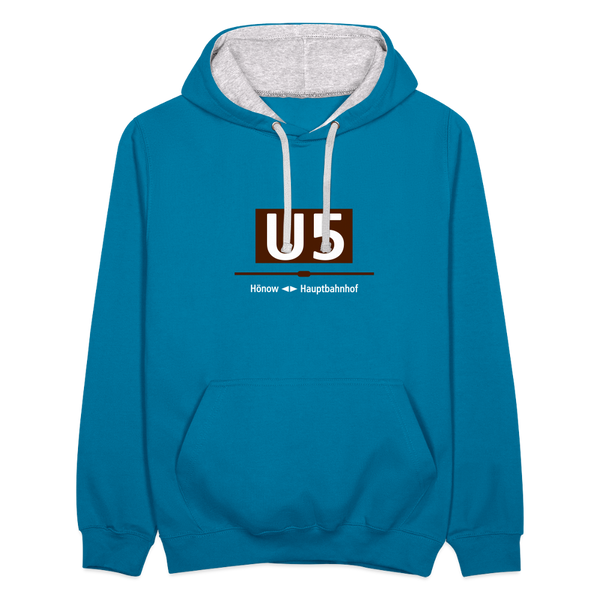 U5 - Kontrast Hoodie - Pfauenblau/Grau meliert