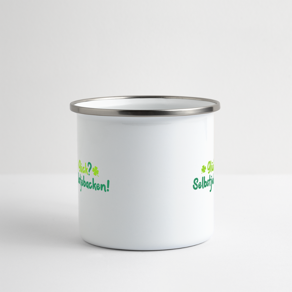 Glück? Selbstjebacken - Emaille Tasse - Weiß