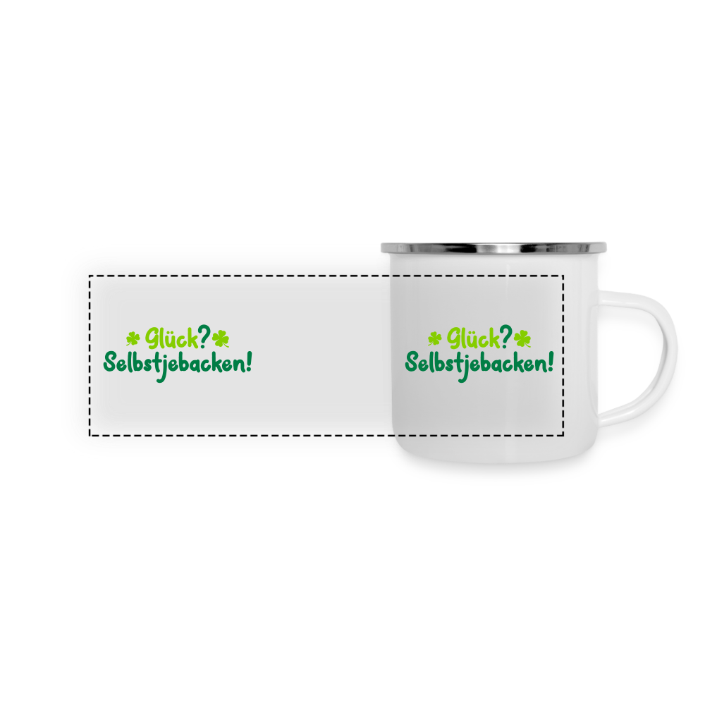 Glück? Selbstjebacken - Emaille Tasse - Weiß
