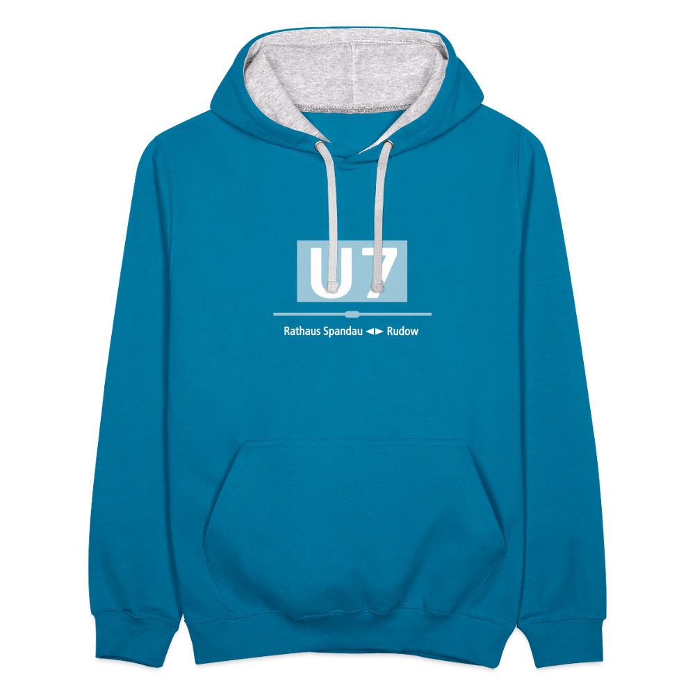 U7 - Kontrast Hoodie - Pfauenblau/Grau meliert