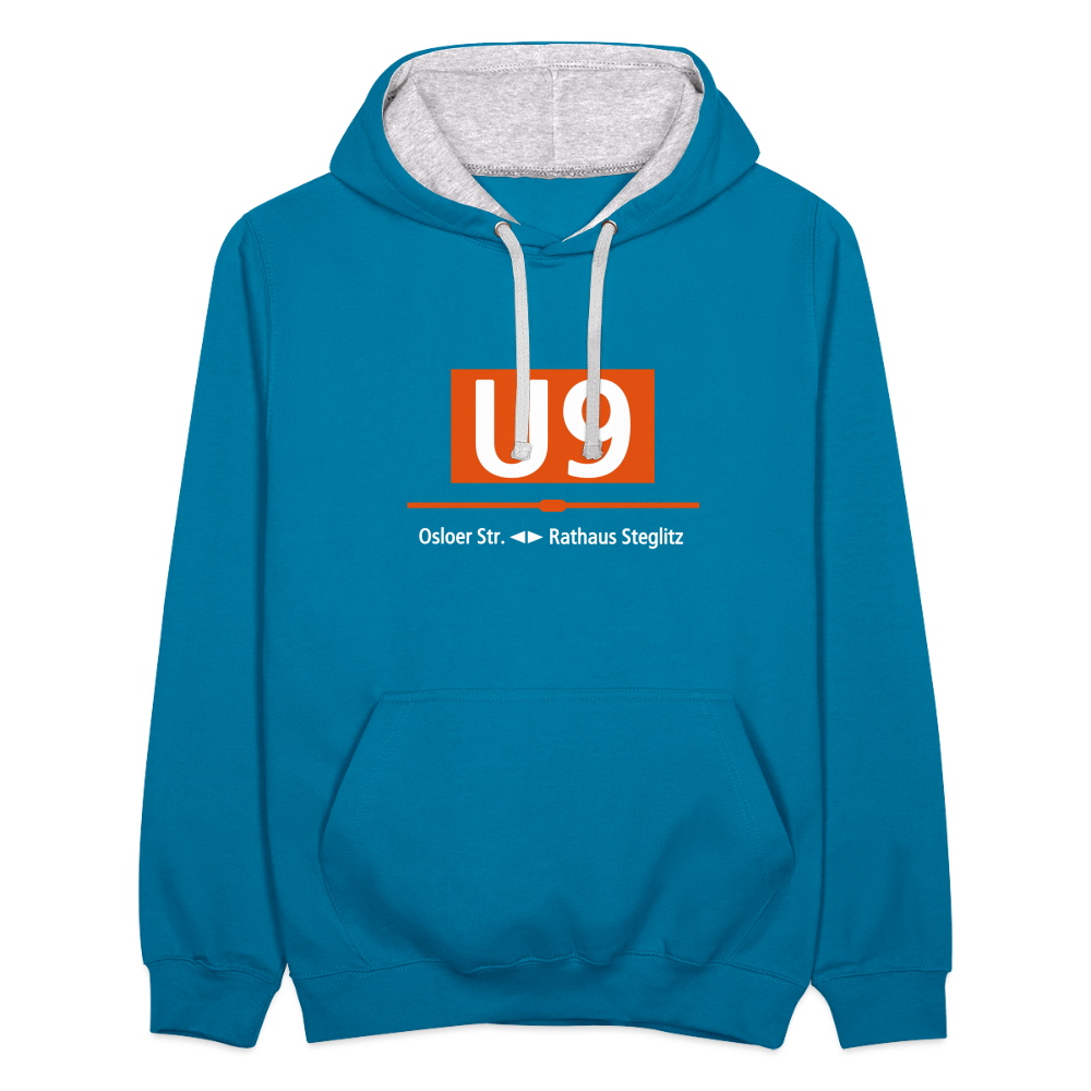 U9 - Kontrast Hoodie - Pfauenblau/Grau meliert