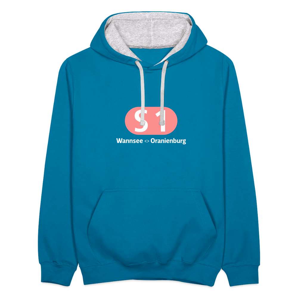 S1 - Kontrast Hoodie - Pfauenblau/Grau meliert