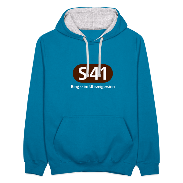 S41 - Kontrast Hoodie - Pfauenblau/Grau meliert