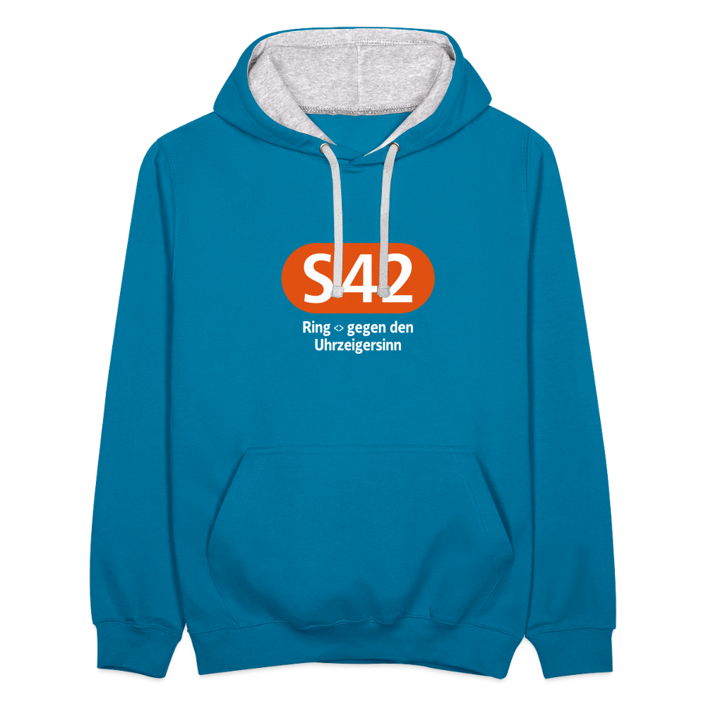 S42 - Kontrast Hoodie - Pfauenblau/Grau meliert