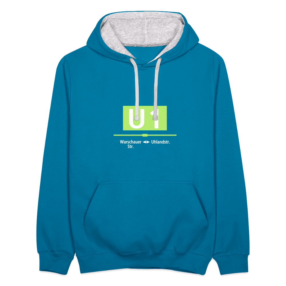 U1 - Kontrast Hoodie - Pfauenblau/Grau meliert