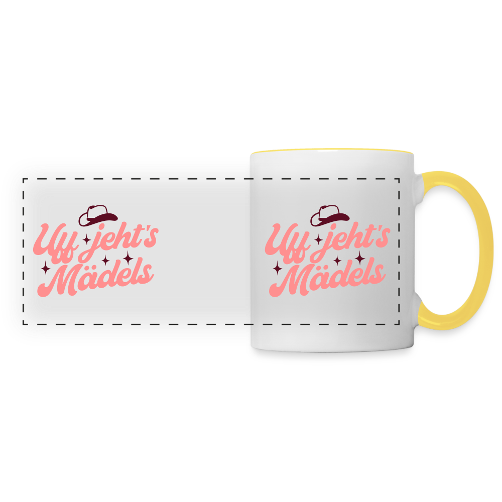 Uff jeht’s Mädels - Tasse zweifarbig - Weiß/Gelb