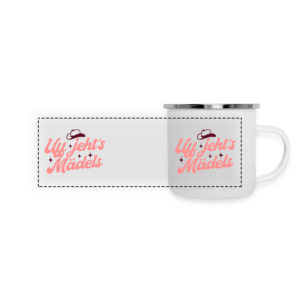 Uff jeht’s Mädels - Emaille Tasse - Weiß