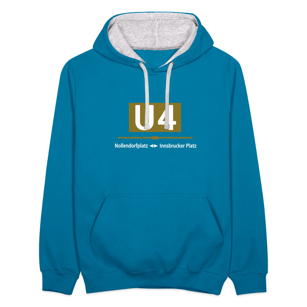 U4 - Kontrast Hoodie - Pfauenblau/Grau meliert