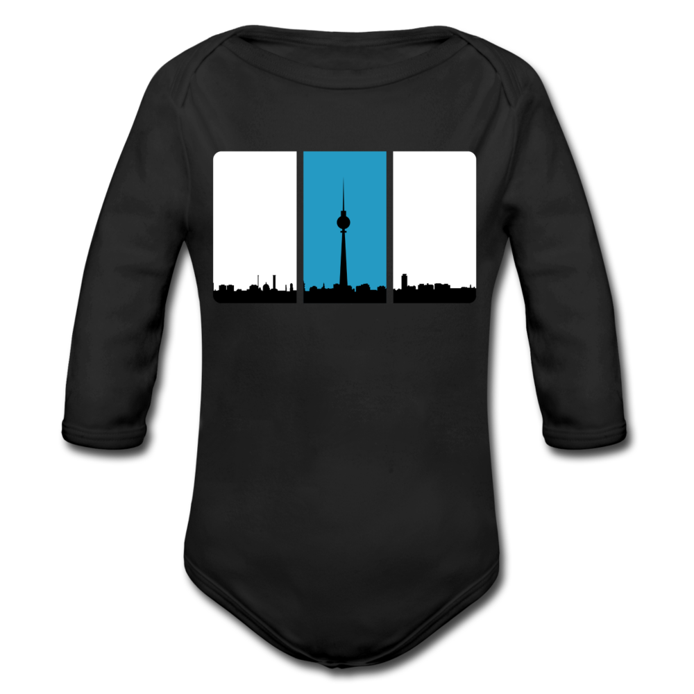 Berliner Skyline in Streifen - Bio-Langarmbody - Schwarz