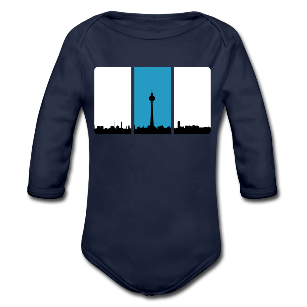 Berliner Skyline in Streifen - Bio-Langarmbody - Dunkelnavy