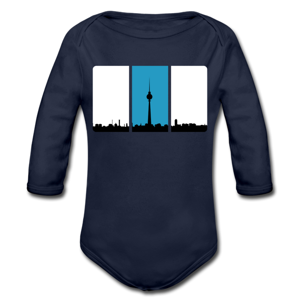 Berliner Skyline in Streifen - Bio-Langarmbody - Dunkelnavy