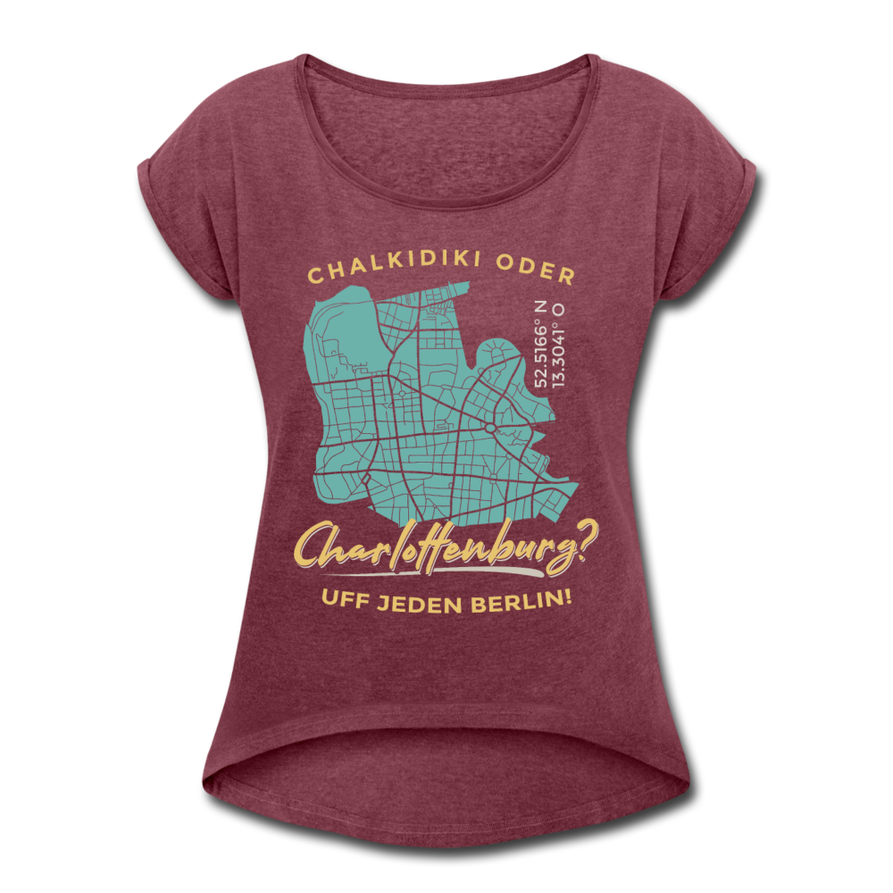 Chalkidiki oder Charlottenburg - Frauen T-Shirt mit gerollten Ärmeln - Bordeauxrot meliert