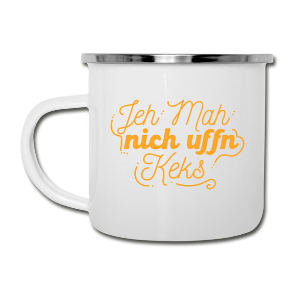 Jeh mah nich uffn Keks gelb - Emaille Tasse - Weiß