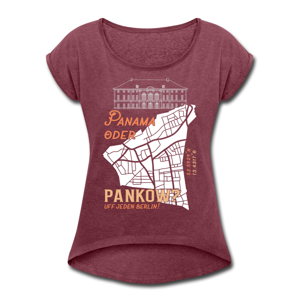 Panama oder Pankow - Frauen T-Shirt mit gerollten Ärmeln - Bordeauxrot meliert