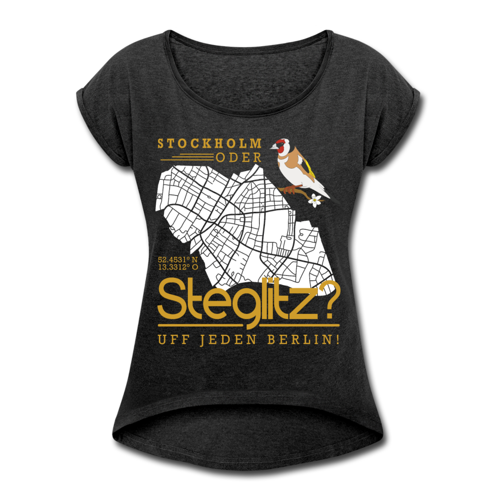 Stockholm oder Steglitz - Frauen T-Shirt mit gerollten Ärmeln - Schwarz meliert