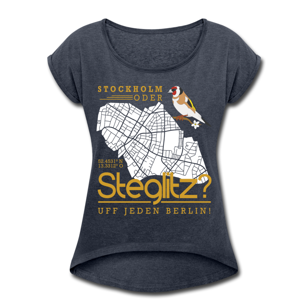 Stockholm oder Steglitz - Frauen T-Shirt mit gerollten Ärmeln - Navy meliert