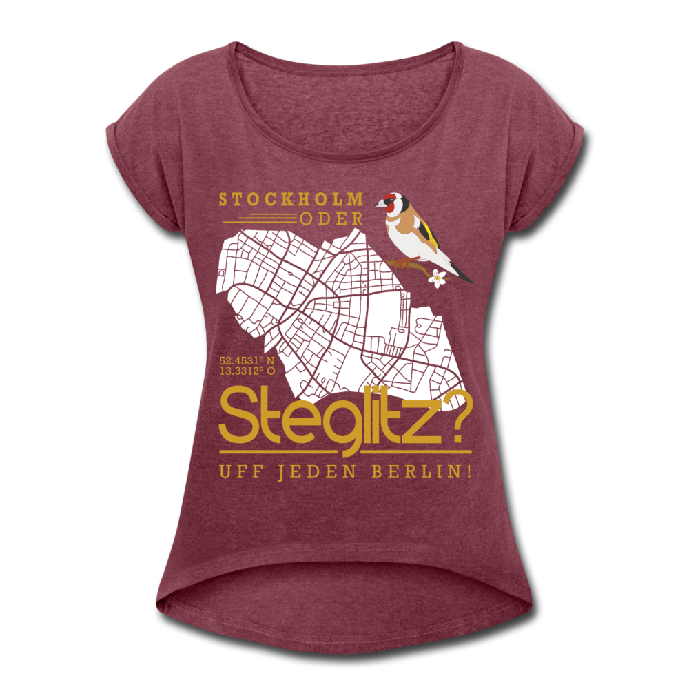 Stockholm oder Steglitz - Frauen T-Shirt mit gerollten Ärmeln - Bordeauxrot meliert
