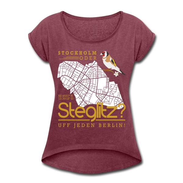 Stockholm oder Steglitz - Frauen T-Shirt mit gerollten Ärmeln - Bordeauxrot meliert