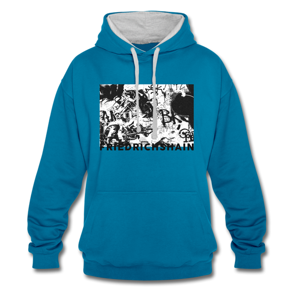 Friedrichshain Graffiti - Kontrast Hoodie - Pfauenblau/Grau meliert