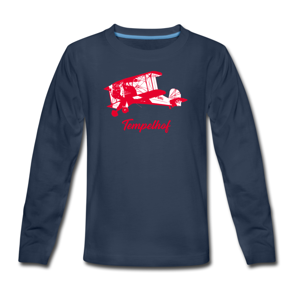 Tempelhof Flugzeug rot - Teenager Langarmshirt - Navy