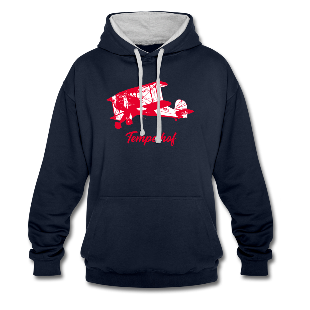 Tempelhof Flugzeug rot - Kontrast Hoodie - Navy/Grau meliert