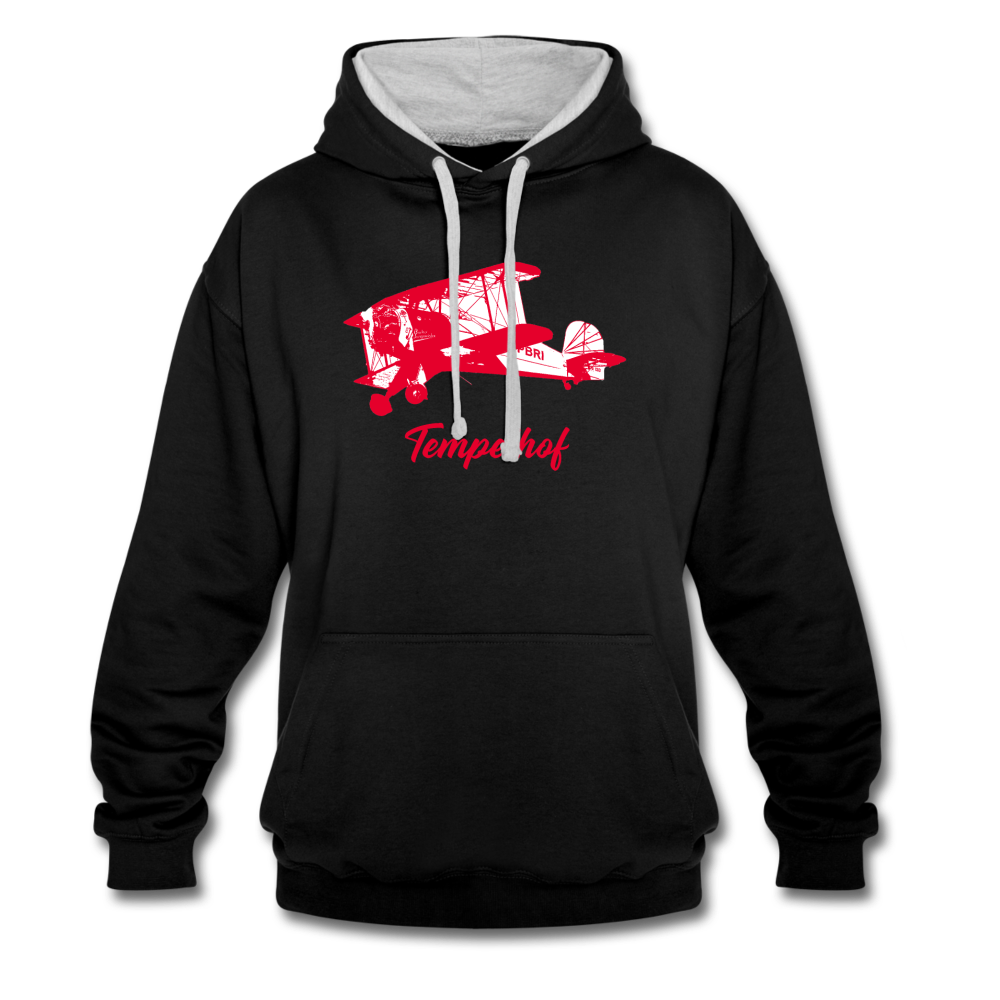 Tempelhof Flugzeug rot - Kontrast Hoodie - Schwarz/Grau meliert
