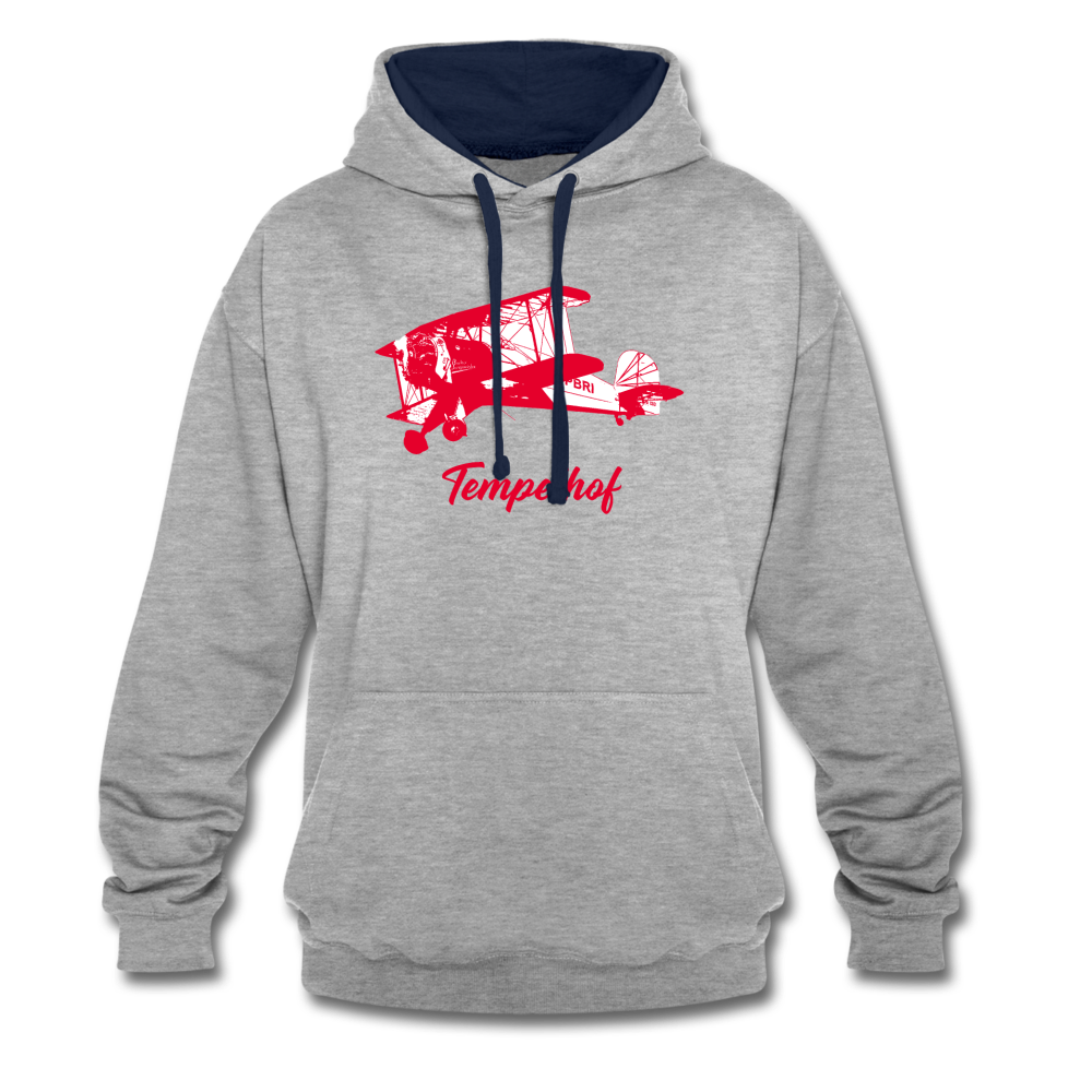 Tempelhof Flugzeug rot - Kontrast Hoodie - Grau meliert/Navy