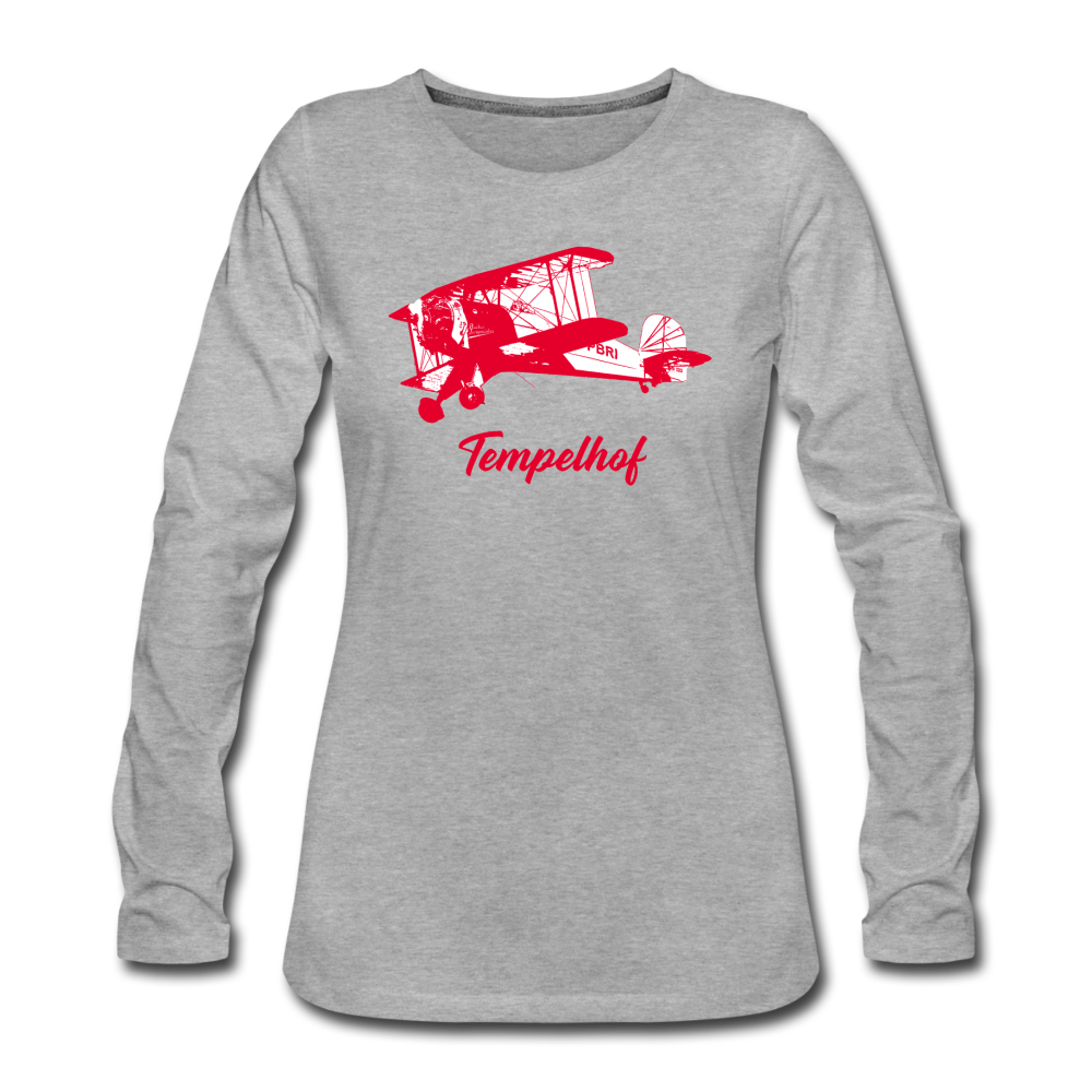 Tempelhof Flugzeug rot - Frauen Premium Langarmshirt - Grau meliert