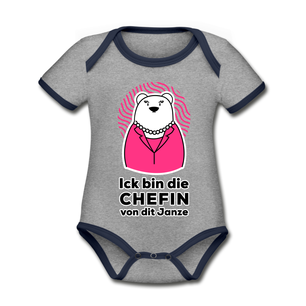 Chefin - Baby Bio-Kurzarm-Kontrastbody - Grau meliert/Navy