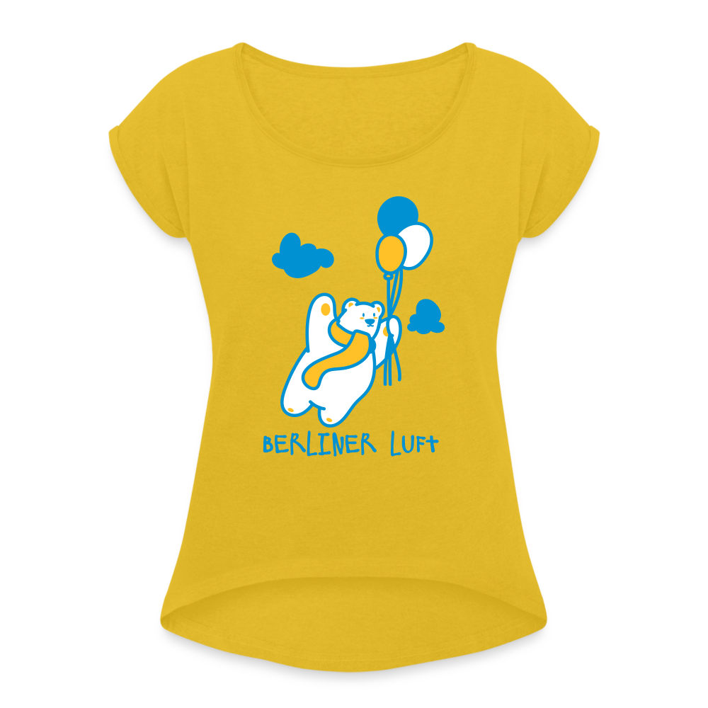 Der Bär fliegt - Frauen T-Shirt mit gerollten Ärmeln - mustard yellow