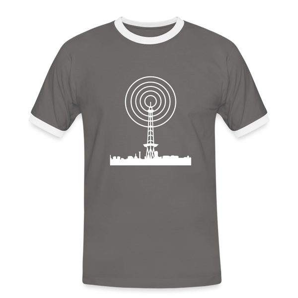 Funkturm im Fokus - Männer Ringer T-Shirt - Dunkelgrau/Weiß