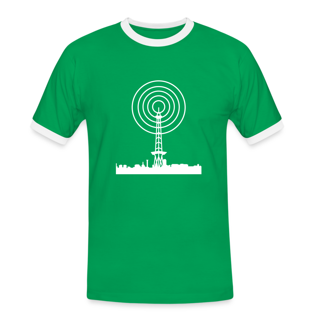 Funkturm im Fokus - Männer Ringer T-Shirt - Kelly Green/Weiß