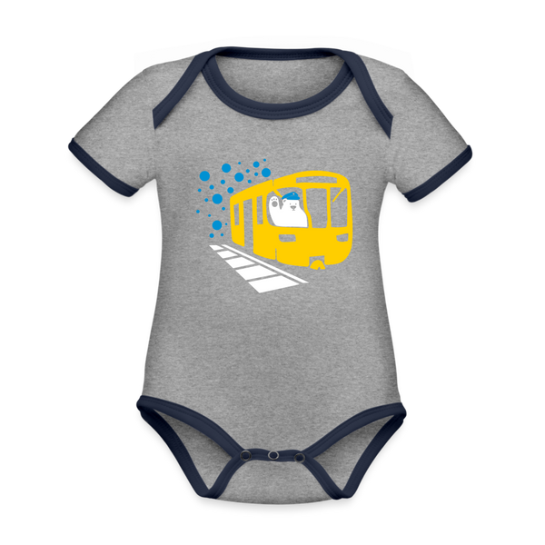 Bär in U-Bahn Kommt - Baby Bio-Kurzarm-Kontrastbody - Grau meliert/Navy