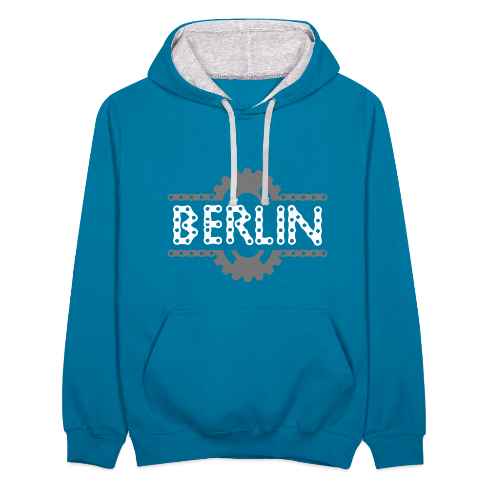 Berliner Fahrradkette - Kontrast Hoodie - Pfauenblau/Grau meliert